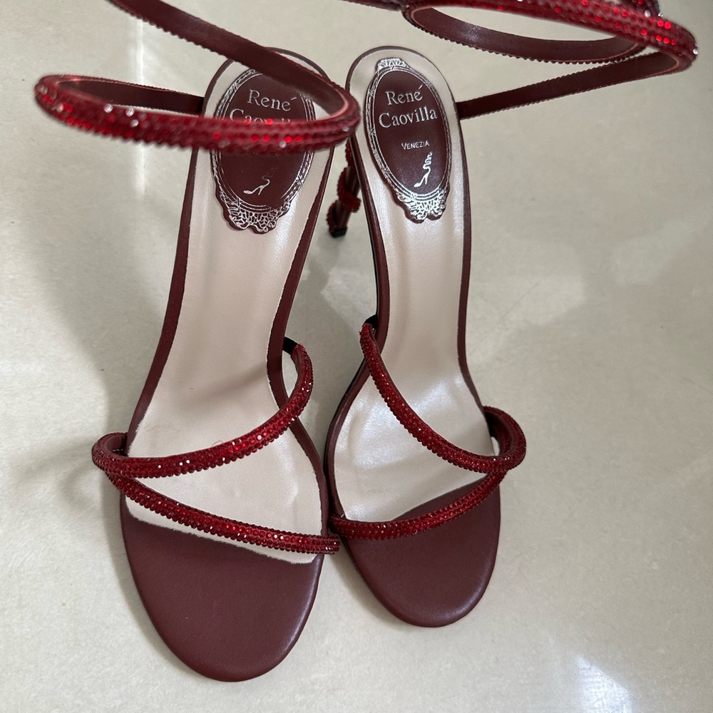 Rene Caovilla Burgundy Red Strappy Crystal Wrap Sandals - Picture 14 of 16